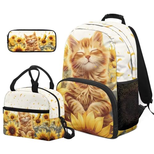 HUGS IDEA Sunflower Orange Cat Backpack for Girls 4-6 with Lunchbox Cute Cat School Bags for Toddler Girls 3 Packs Backpack with Lunch Box Bag Pencil Case Kids Outdoor Sports Travle Bag3