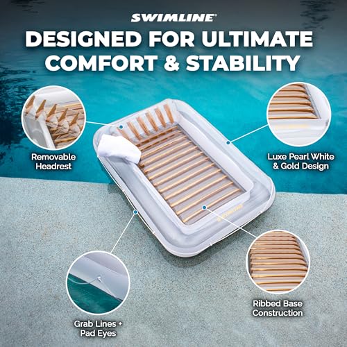 SWIMLINE Original Suntan Tub Luxe Edition Inflatable Floating Lounger Pearl White Gold | Tanning Pool Hybrid Lounge | Comfort Pillow | Fill with Water | for Kids & Adults | Reflective Tanning Design by Swimline - Used condition - Image 5