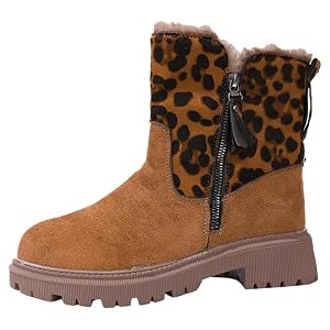 Womens fashionable ankle boots with thick soles round toes large size leopard print fabric artificial plush lining rubber