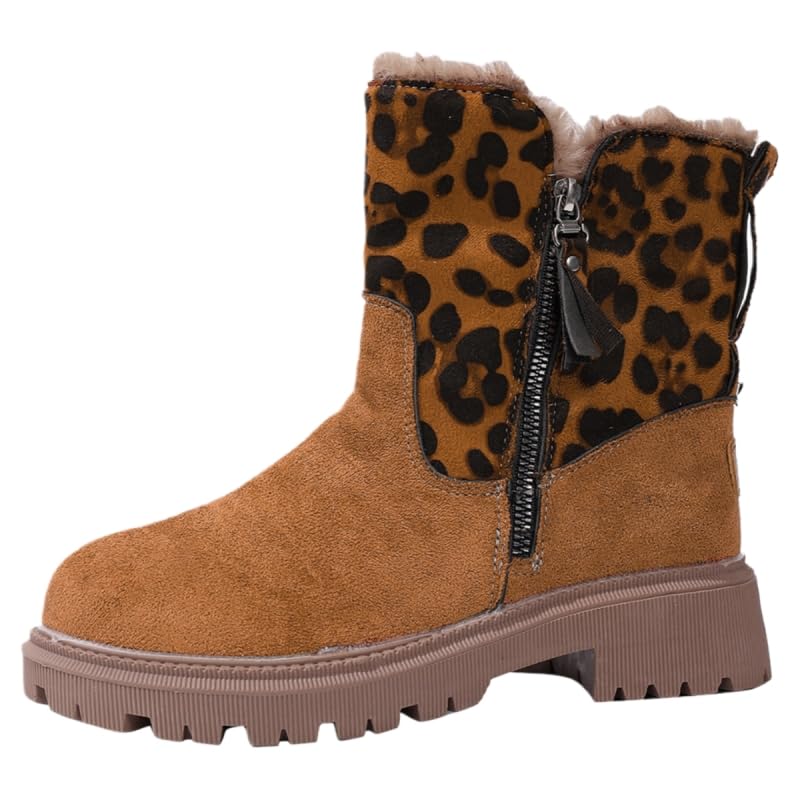 Womens fashionable ankle boots with thick soles round toes large size leopard print fabric artificial plush lining rubber