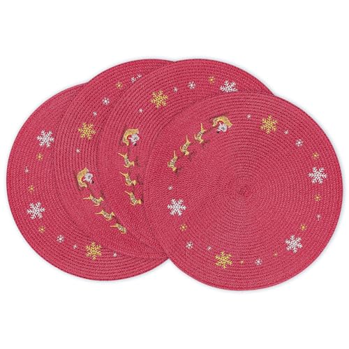 fanquare Manteles Individuales de Navidad 38cm Manteles Individuales Tejidos Redondos Juego de 4 Salvamanteles Reno Copo de Nieve Salvamanteles Antideslizantes Rojos para Vacaciones Comedor