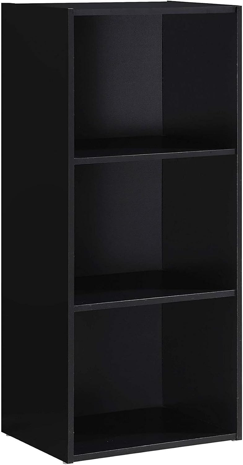 Pemberly Row Three Shelf Wooden Bookcase, Black Finish, 35.67 in H x 15.91 in W x 11.77 in D, Slim Vertical Design, Engineered Wood, Contemporary Style for Office, Bedroom, or Living Room Storage