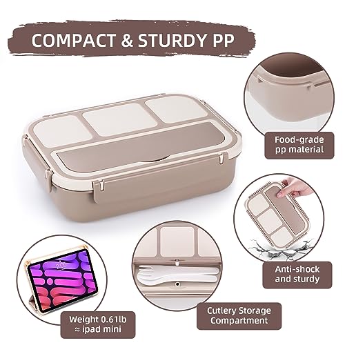 Image of QQKO Bento Box Adult Lunch Box, Lunch Containers for Adults Men Women, Kids Lunch Boxes for School with 4 Compartments, Sauce Container, Utensils and Muffin Cups, Brown