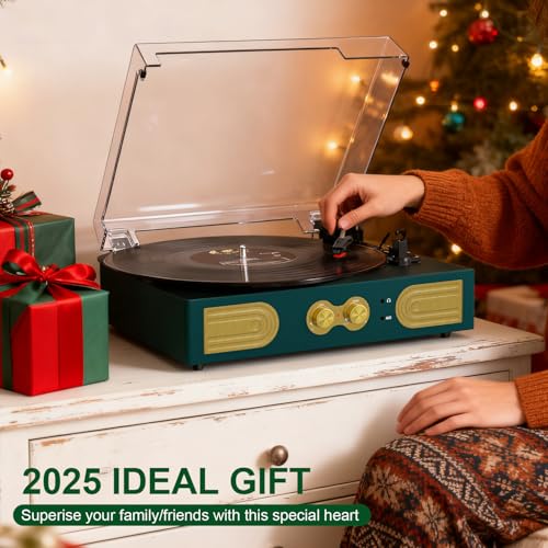 Image of Vinyl Record Player Vintage 3-Speed Turntable with Built-in Stereo Speakers, Bass /Treble Control, Headphone Jack, RCA Output,AUX Input, Belt-Driven LP Player, Green