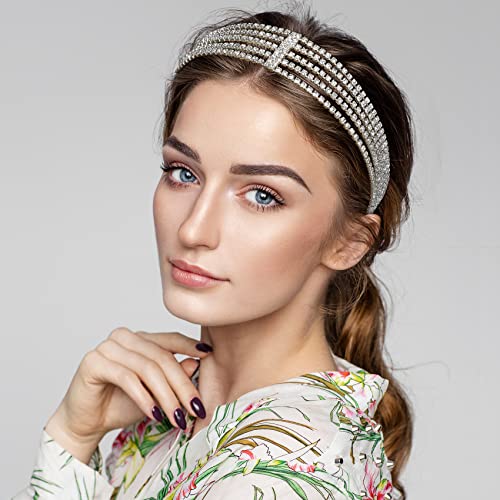 Ancirs 2 Pack Multi Layered Elastic Headband For Women, Adjustable Rhinestone Bridal Headpieces, Stretchy Jewelry Hair Bands Accessories For Girls- Gold & Silver #TOP5