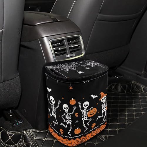 Image of Talayituse Skeleton Pumpkin Bat Print Car Trash Can Portable Auto Garbage Bin Multifunctional Vehicle Interior Accessories with Adjustable Straps Universal Fit Truck SUV Sedan Halloween Decor