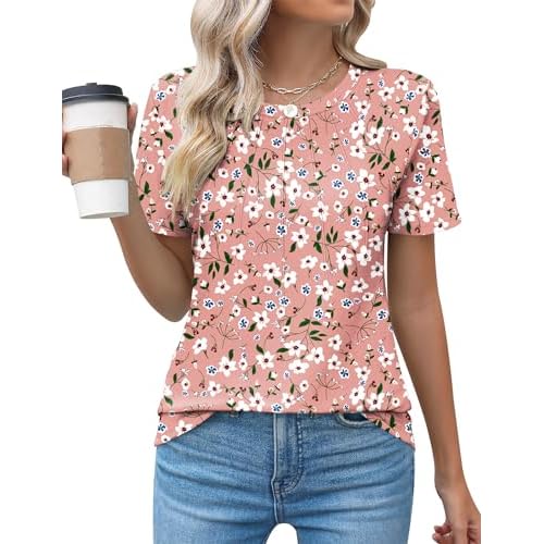 Kistore Womens Casual Crew Neck Short Sleeve Pleated Tops Blouses Fashion Clothes 2026