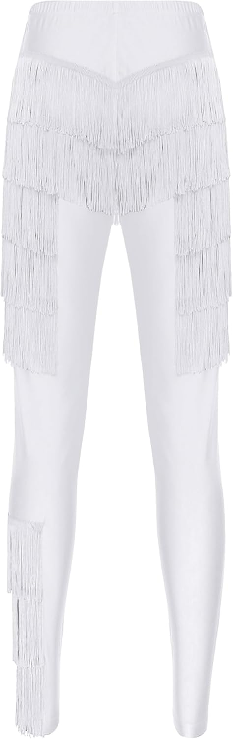 iiniim Womens Latin Dance Fringed Long Pants Tiered Tassel Elastic Waistband Leggings Trousers Training Pants