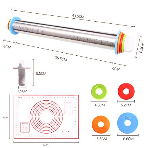 Miniatura 7 de Hepaz Rodillos De Amasar,Rolling Pins Con 4 Discos Ajustables Anillo Y Marcaje De Medición Mat,Rodillo Acero Inoxidable Para Hornear Pastas Para Pizza Y Galletas De Pastelería O Estilo Francés 44 Cm