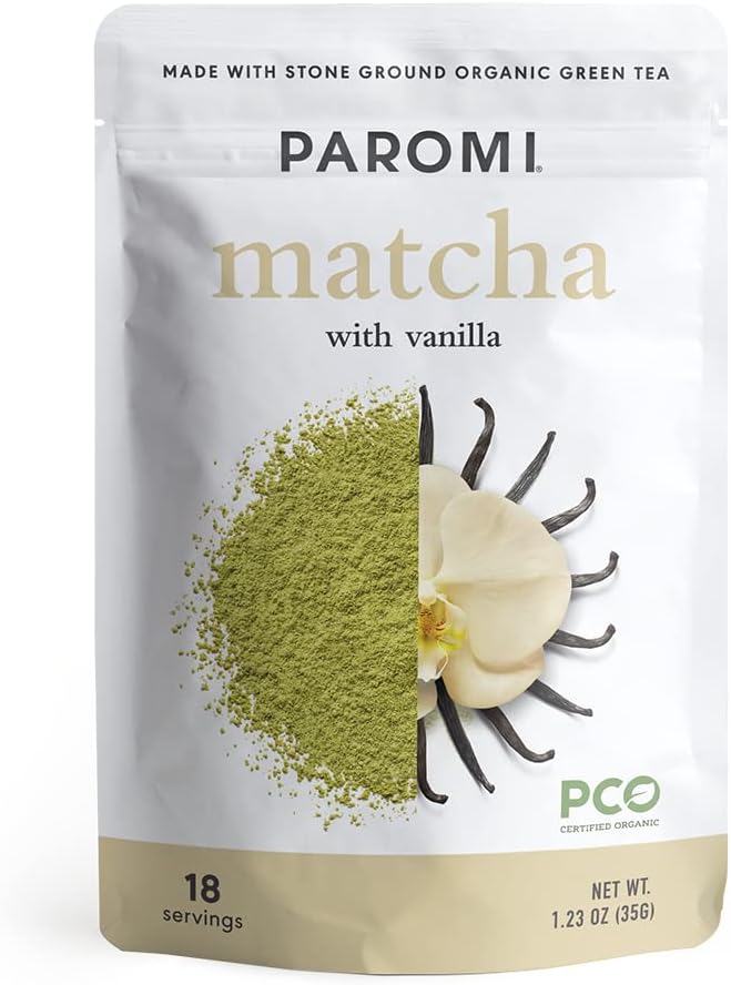 Paromi Tea Matcha With Vanilla 35 Grams, Organic Stone-Ground Organic Green Tea with Natural Vanilla Flavor, Serve Hot or Iced, Blend, Whisk, Stir, or Shake into Water or Milk