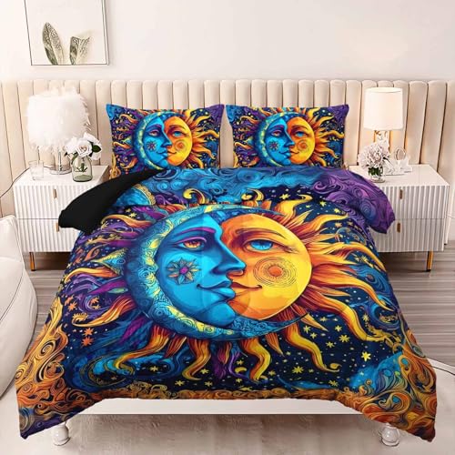 Image of AILONEN Sun and Moon Comforter Set Queen, Sun Moon Celestial Psychedelic Boho Bedding Set,Blue Yelow Star Comforter with 2 Pillowcases