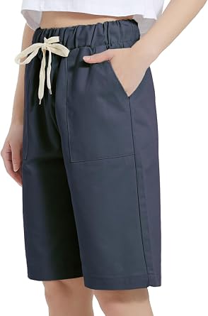 XinYangNi Casual Womens Cotton Elastic Waist Knee Length Bermuda Shorts with Drawstring