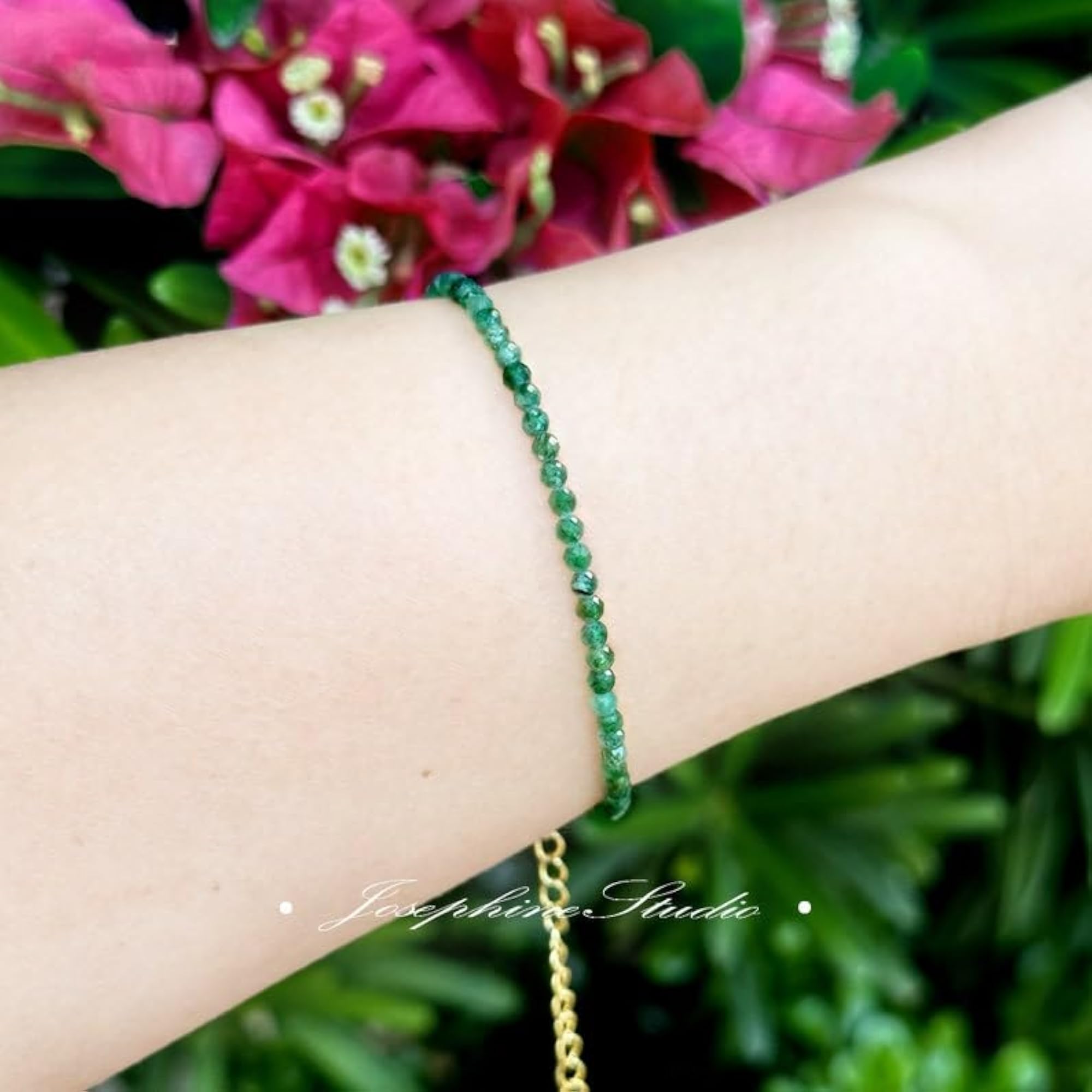 Emerald Round Beaded Bracelet, Adjustable Gold Lock