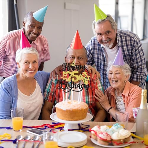 Image of Confetti! Glittering 75th Birthday Cake Topper with Star Hat - Cheers to 75 Years! Fabulous Cake Decorations for Elders 75th Birthday & Anniversary Party Supply
