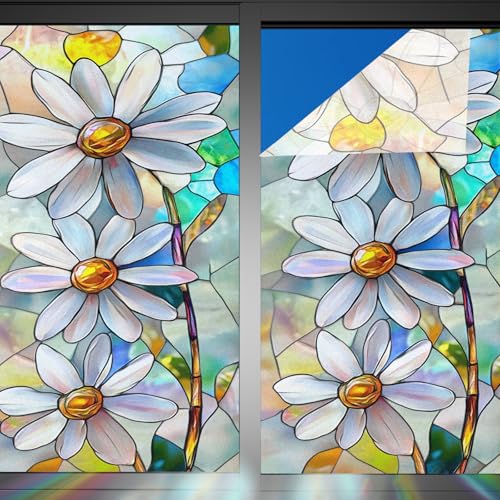 Image of Nuxovilar Gothic Rainbow White Flower Pattern Window Film 17.5x39.3 PVC | White Flowers, Gothic Cling rainbow floral decal, glass door wrap for living room bedroom balcony (White Floral)