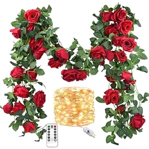 FiveSeasonStuff 29 Ft 4 Pack Christmas Red Rose Silk Flower Garland Artificial Flowers Decoration Hanging Floral with 66 feet String Lights FiveSeasonStuff 29 Ft 4 Pack Christmas Red Rose Silk Flower Garland Artificial Flowers Decoration Hanging Floral with 66 feet String Lights