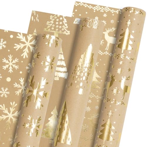 Geschenkpapier Weihnachten, 3 Rollen 43 x 300cm Metallisch Gold und Braun Kraftpapier Geschenkpapierrolle, Schneeflocke Weihnachtensbaum und Rentier Geschenkpapier für Weihnachten Winterurlaub