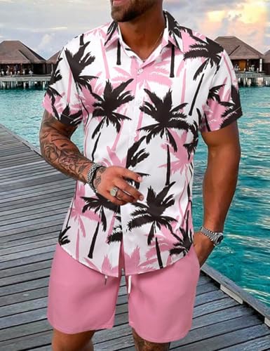 Image of Yimoon Men's Summer 2 Piece Outfits Tropical Print Short Sleeve Button Down Hawaiian Beach Shirt and Shorts Set