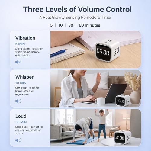Image of Pomodoro Timer Cube for Study, Gravity Sensor Flip Auto Start 5 /10 /30 /60 Min & Custom Countdown, USB C Rechargeable Silent Focus Vibration Alert, ADHD Desk Productivity Timer for Students (White)