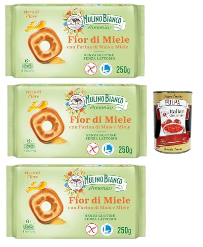 Mulino Bianco Fior di Miele Biscotti Frollini, Kekse mit Millefiori Honig, gluten free biscuits mit Maismehl, Laktose -freier, Gluten und Palmöl, Mulino Armonia, 3x 250g + Italian Gourmet polpa 400g