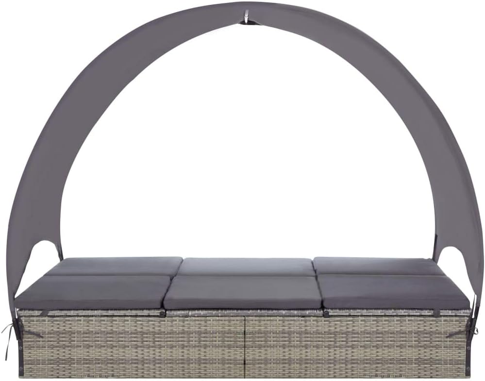 vidaXL Double Sun Lounger, Patio Rattan Daybed with Canopy, Wicker Sun Lounger with Cushions for Garden Backyard Porch, Poly Rattan Gray