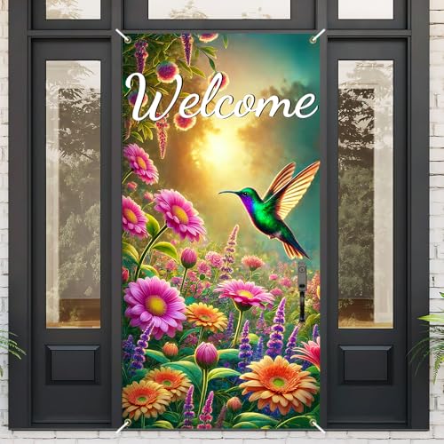 Image of Welcome Hummingbird Door Cover 35x71in Floral Garden
