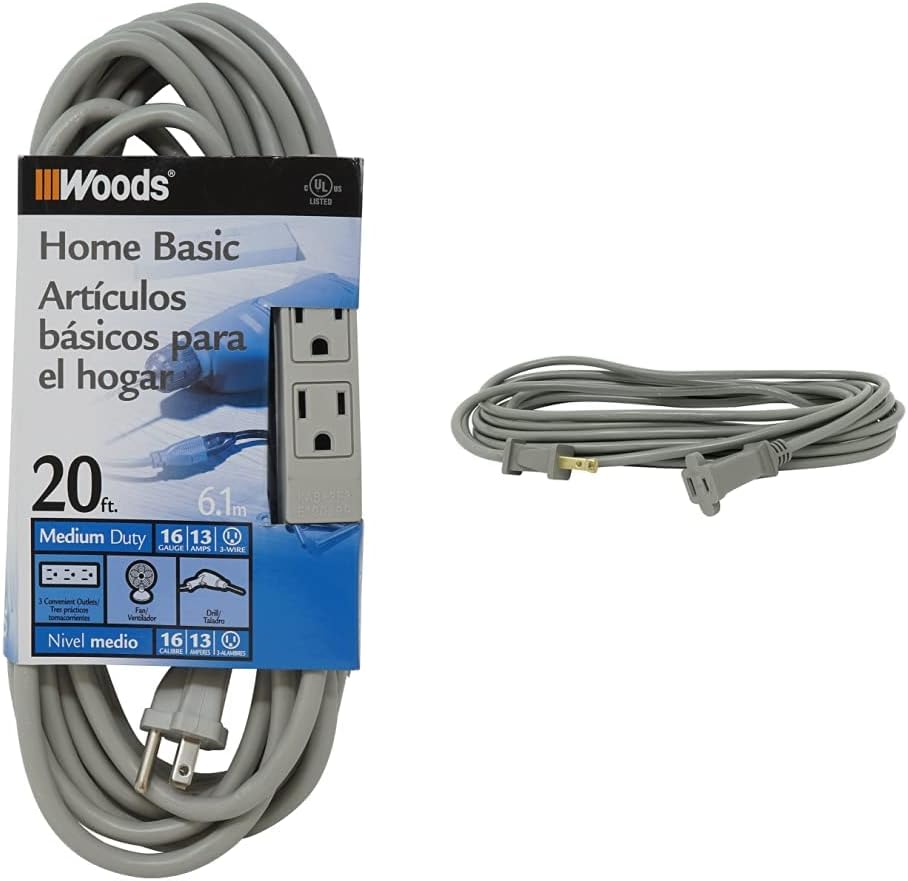 Woods Light Duty Extension Cord, 20Ft, 16 Gauge, 3 Conductor, 3 Outlet Cord, SJTW, Gray, 2867
