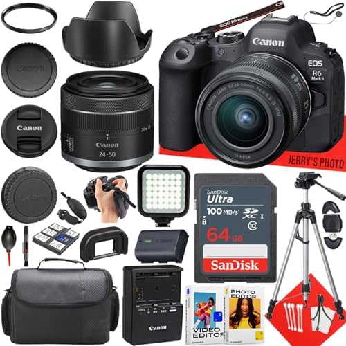 Canon EOS R6 Mark II Mirrorless Camera with Canon RF 24-50mm f/4.5-6.3 is STM Lens + 64 GB Memory + LED Light + Camera Case + Hood + Tripod + More (24pc Bundle) (Renewed)