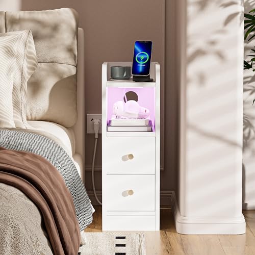 Ztexkee Table de Chevet étroite avec Prise et Barre Lumineuse LED Table d'appoint étroite Table de Nuit avec 2 tiroirs et 2 Compartiments de Rangement pour...