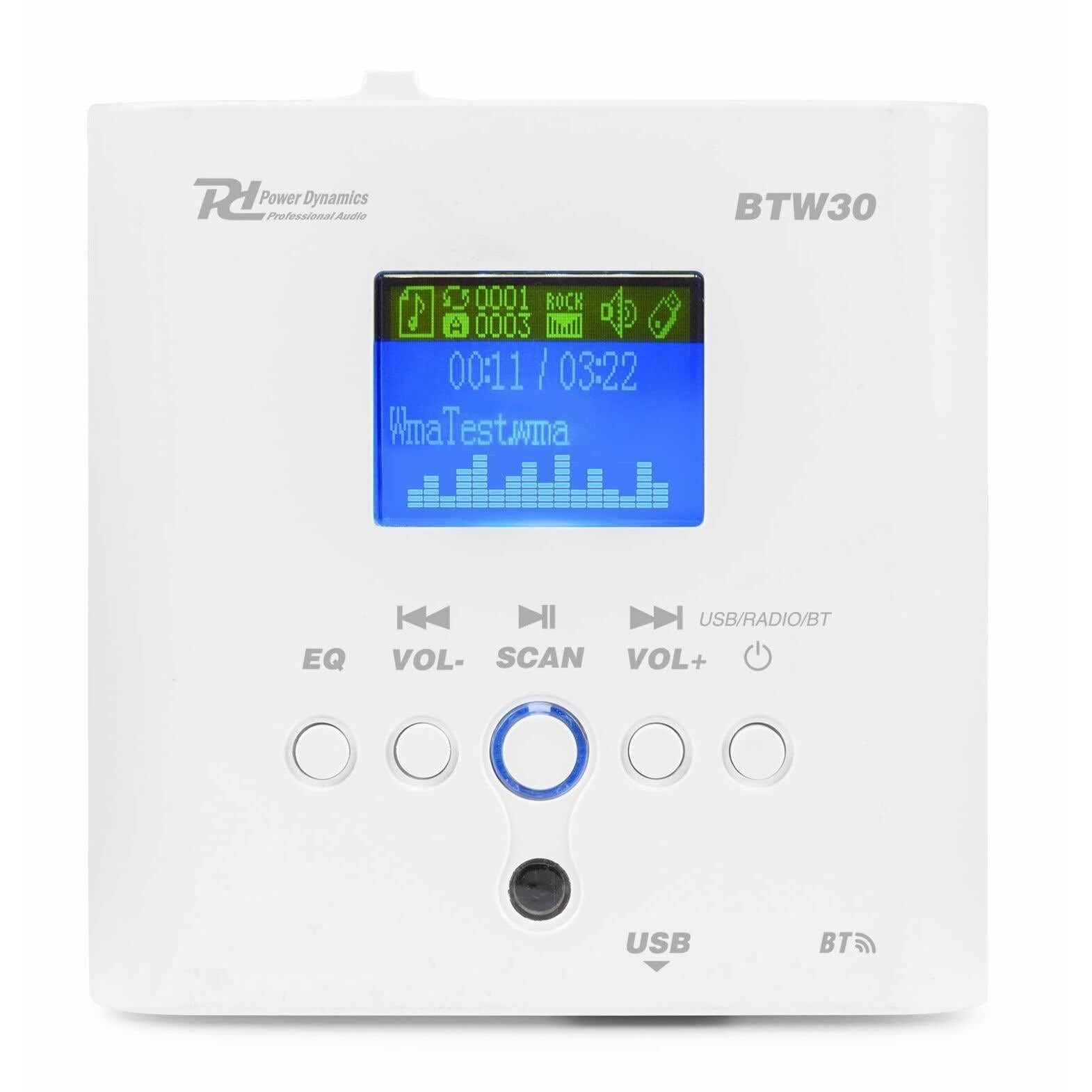 Power Dynamics BTW30 - Sistema de Audio de Pared, 2X 15 vatios, Blanco, fácil instalación, Sistema de Sonido Profesional, música Ambiental, sintonizador FM y Puerto USB, Amplificador de Clase D | Transmisión de sonido estable para música de ambiente y son