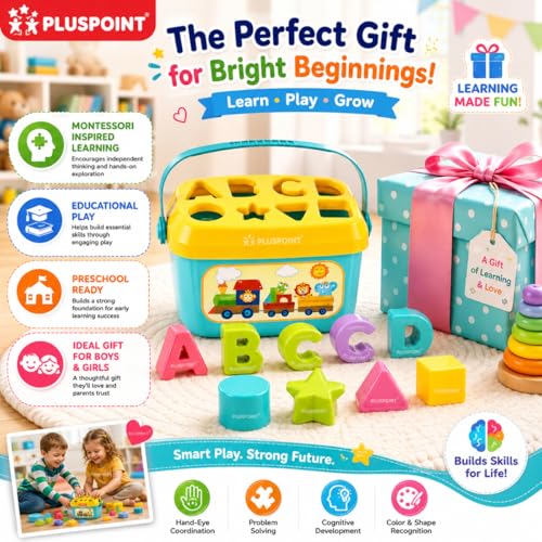 Image of PLUSPOINT Baby's First Educational Shape Sorting Blocks Toy Set | 16 Pcs ABCD Learning Blocks & Shape Sorter | Early Development Activity Toy for 6 Months to 2 Years Old Boys & Girls