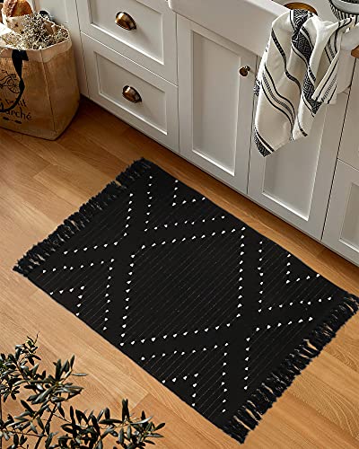 Livebox Boho Bathroom Rug 2' X 3' Washable Black Rug Small Moroccan Throw Rug For Bath,Cotton Woven Area Rug Carpet With Tassel For Entryway Kitchen Sink Front Door #TOP2