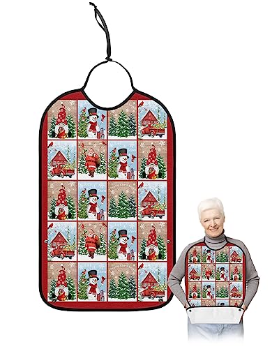 Christmas Snowman Adult Bibs for Eating, Waterproof Bibs with Food Catcher & Adjustable Snap Closure, Truck Gnomes Santa Xmas Tree Red Black Checkered Clothing Protectors Adult Bibs for Elderly