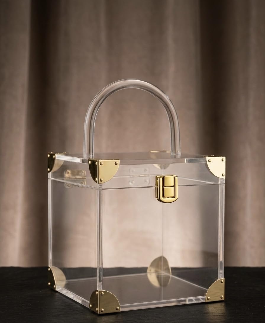 Premium Acrylic Gift Box with Integrated Handle & Reinforced Gold Hardware (5 x 5 x 8 Inches) | Reusable Luxury Hamper Trunk for Festive Gifting, Wedding Trousseau, & Vanity Desk Organizer-image-8