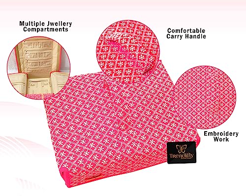 Image of Trendifly silk Lucknowi Jewellery Organiser Box for women Necklace organizer pouches Travel Makeup Cosmetic Earrings Jewelry Storage box for Bridal Gifting (Dark Pink)