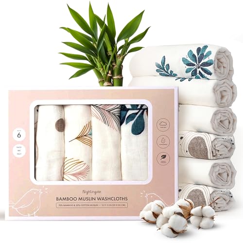 Image of Nightingale Baby Washcloths, Rayon from Bamboo Baby Clothes Organic Wash Cloths with Cotton, Newborn Bath Essentials, Burping Cloths for Babies, Face Towels Reusable 12"x12" (Feather) 6 Pack