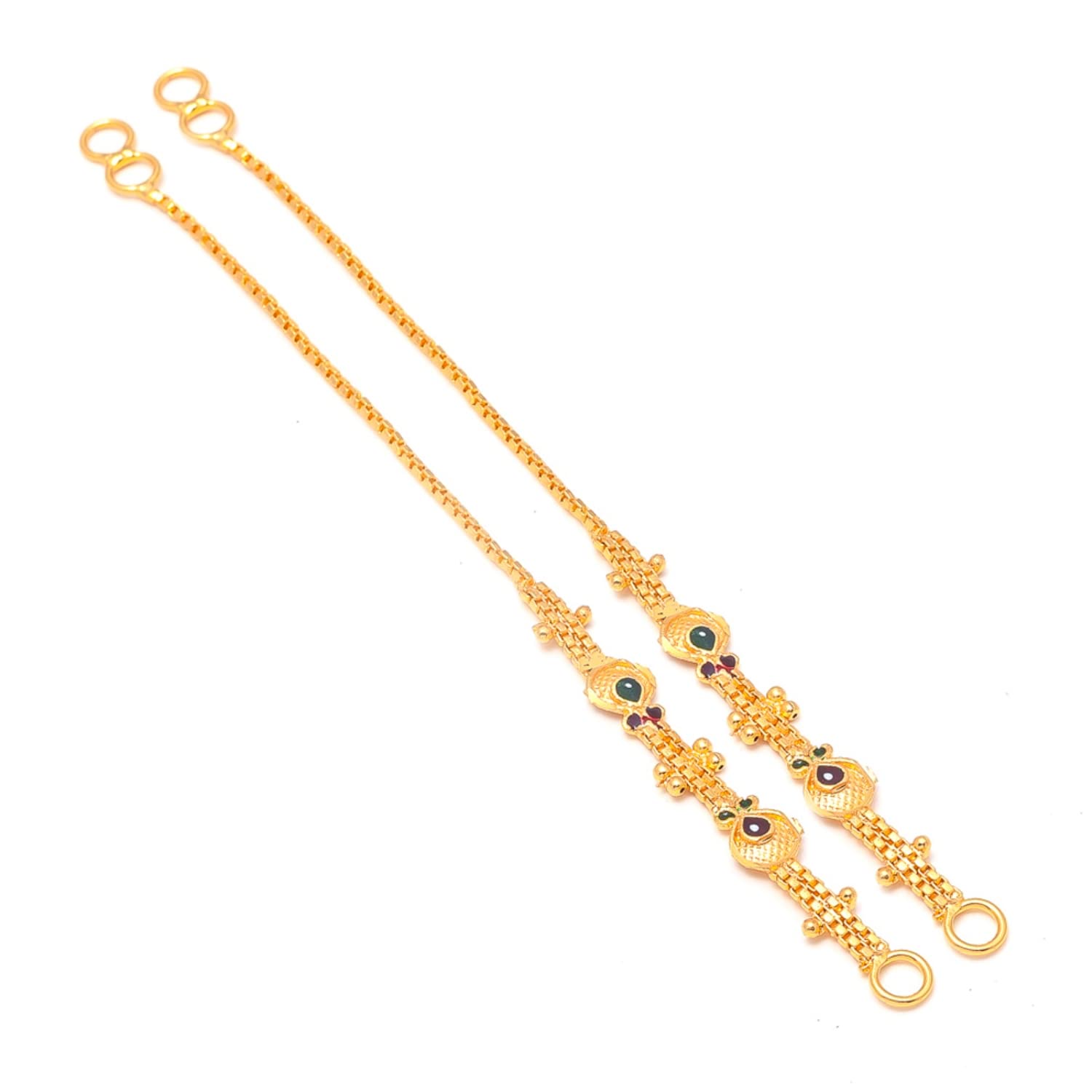 Jewar Mandi Earrings Kan Chain Gold Tone Handmade Meena Work & Box Design Gold Plated Kanoti Ear to Hair Accessory Ear Thread for Women & Girls