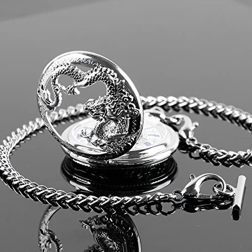 Image of Men's Mechanical Hollow Design Hand Wind Pocket Watch Roman Numerals Steampunk with Chain Box
