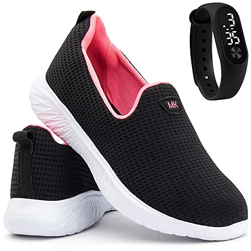 Kit Tênis e Relógio LED Sapatilha Casual Feminino Sapatore Caminhada Preto e Rosa Cor:Preto;Tamanho: