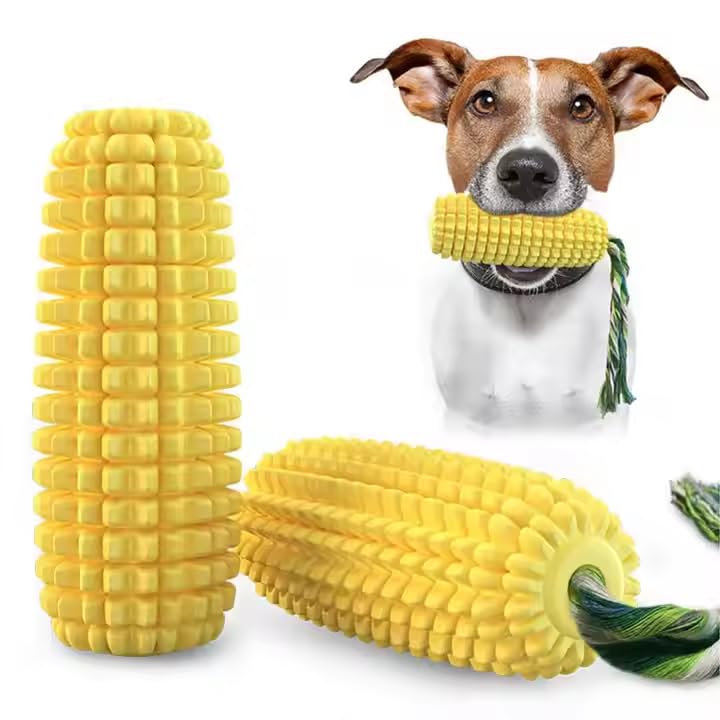 Durable Dog Chew Toy for Aggressive Chewers - Indestructible Corn Cob Squeaky Toy with Cotton Rope - Tough Rubber Dental Teether for Large & Medium Breeds - Interactive Training & Boredom Relief