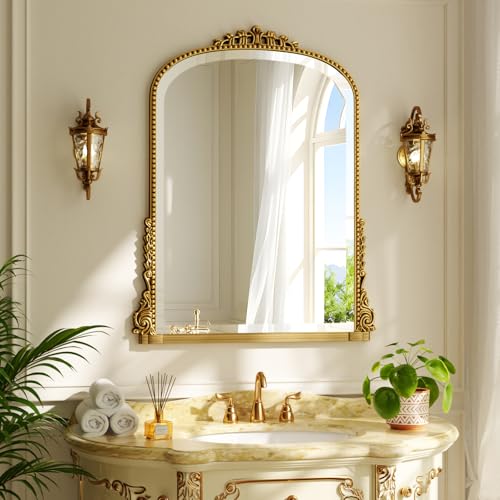 Koonmi Arched Beaded Bathroom Wall Mirror 60 x 80 cm Gold