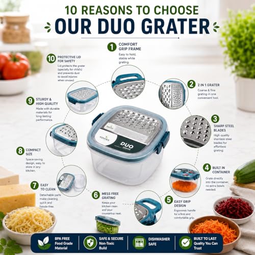 Image of 2-in-1 Stainless Steel Grater with Storage Container & Lid Multi Color | Lightweight Kitchen Vegetable Box Food Collection for Cheese Carrot Cucumber Beetroot Fruits