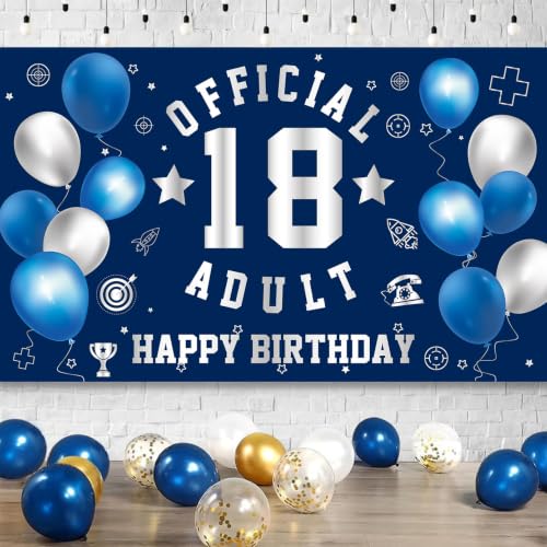Image of Happy 18th Birthday Banner Backdrop 18th Birthday Decorations for Boy | Large Official Adult 18 Year Old Backdrop 18th HBD Party Decorations Supplies, Navy Blue Silver