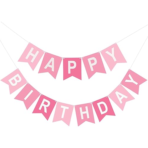 Pink Happy Birthday Banner Birthday Party Banner NO DIY Happy Birthday Sign Pre-Strung Birthday Hanging Decoration for Women Men Girl Boy Party Supplies (Pink)