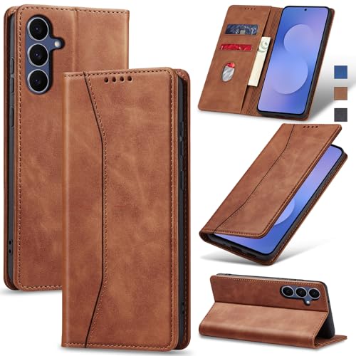 Image of Jasonyu Flip Wallet Case for Samsung Galaxy S25 FE 5G,Leather Magnetic Folio Cover with Card Holder,Kickstand - TPU Shockproof Durable Protective Phone Case,Brown