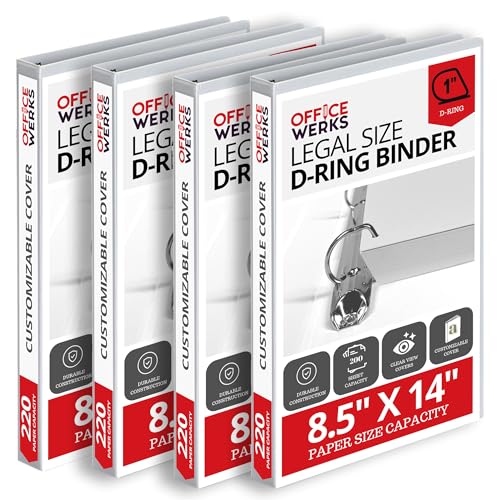 Performore - Office Werks Heavy Duty 4-Pack Legal Size View Binder - 14 x 8.5 White 1 Inch D-Ring Back Mount Binder