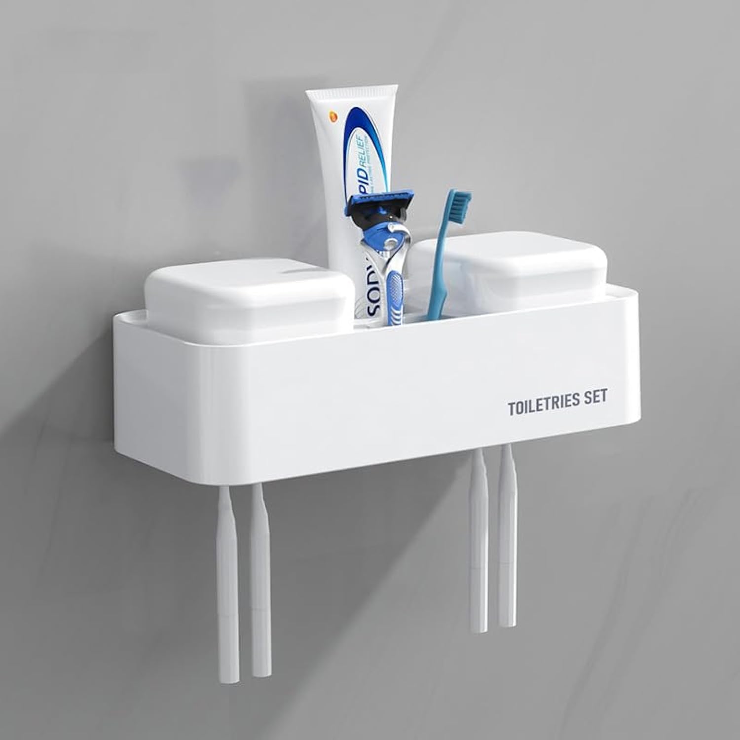Support mural pour brosse à dents avec 2 tasses suspendues et compartiment dentifrice