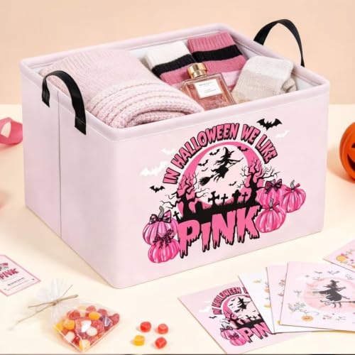 Image of Pink Spooky Cute Witch Halloween Basket with Pumpkin Prints, Trick or Treat Storage basket for Gifts and Party Stuffers(Black Pink Halloween)