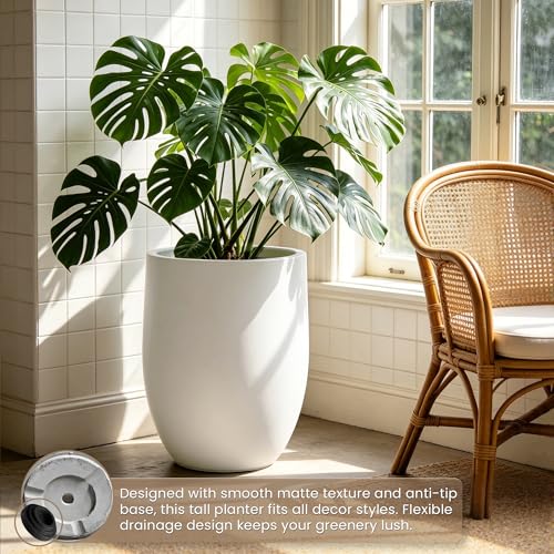 Image of Kante 21.7 inch Tall White Concrete Planter, Large Decorative Round Planter with Drainage Hole & Rubber Plug, Handmade Weather Resistant for Indoor Outdoor Home Garden, Weathered White Finish