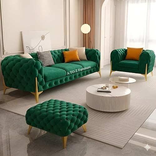 Image of A to Z Furniture Modern Classic Fabric & Valvet Tufted Chesterfield Sofa Living Room and Office (3+1= 4 Seater Sofa Set with Footrest Dark Green)